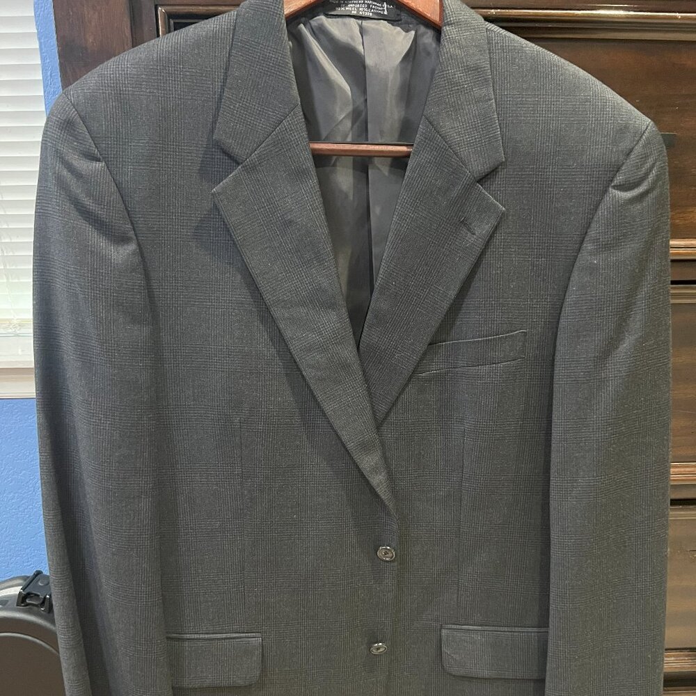 Jones New York for Foleys Men's Blazer 48 L Gray Black Plaid Wool Cashmere